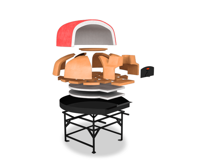 Belforno 56 Inch Pizza Oven exploded view of all parts on a stand